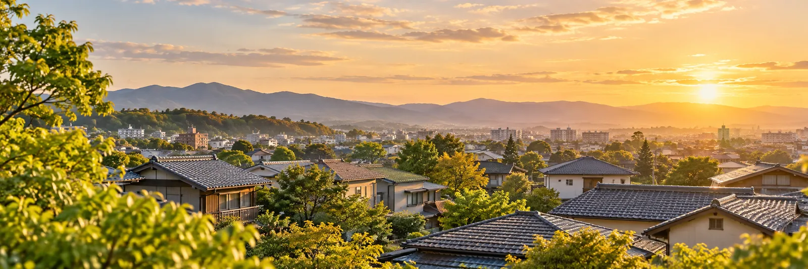 夕方の光に包まれた住宅街の街並み